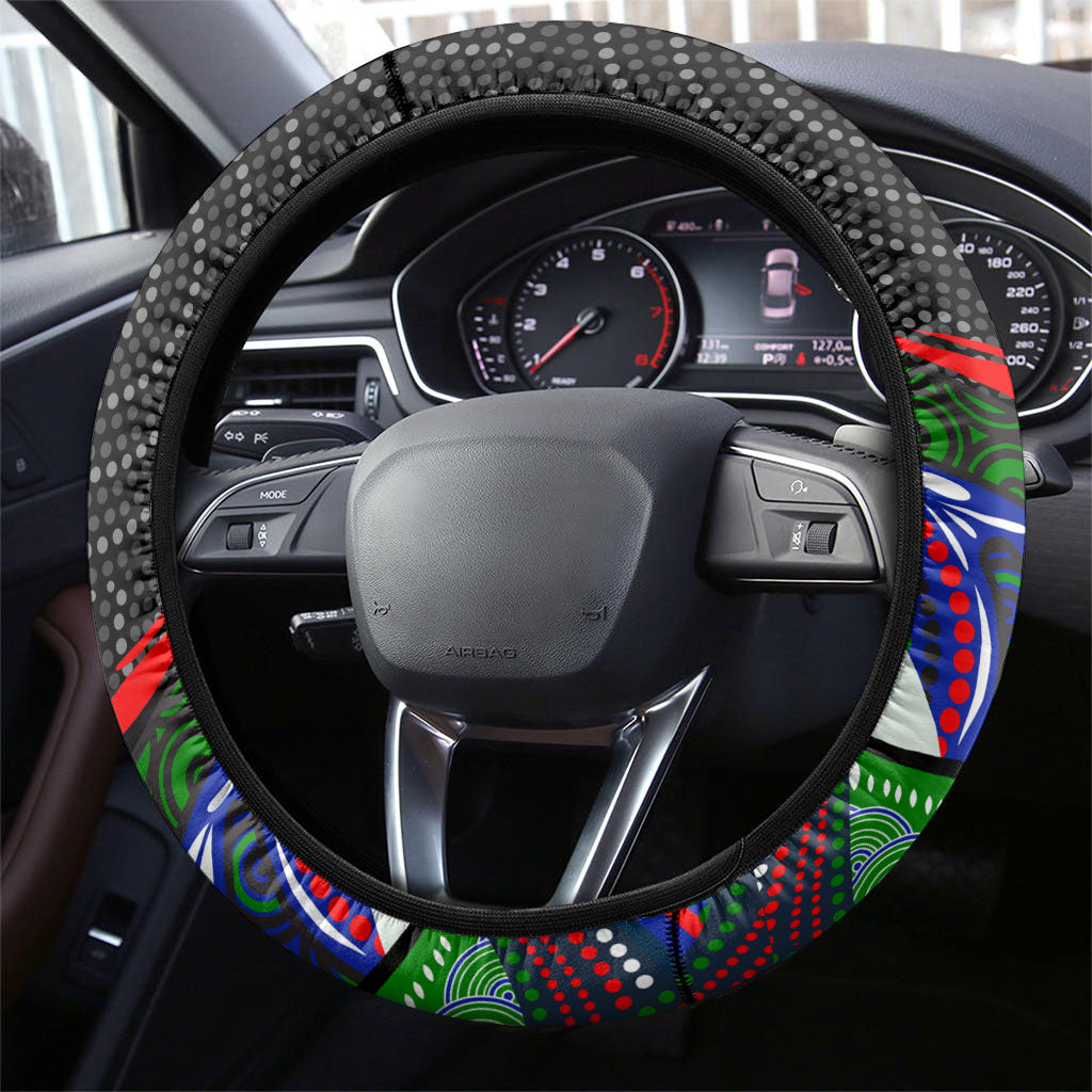 New Zealand Warriors Steering Wheel Cover The Scream of Lightning Eyes - Indigenous Dot Ripping Effect