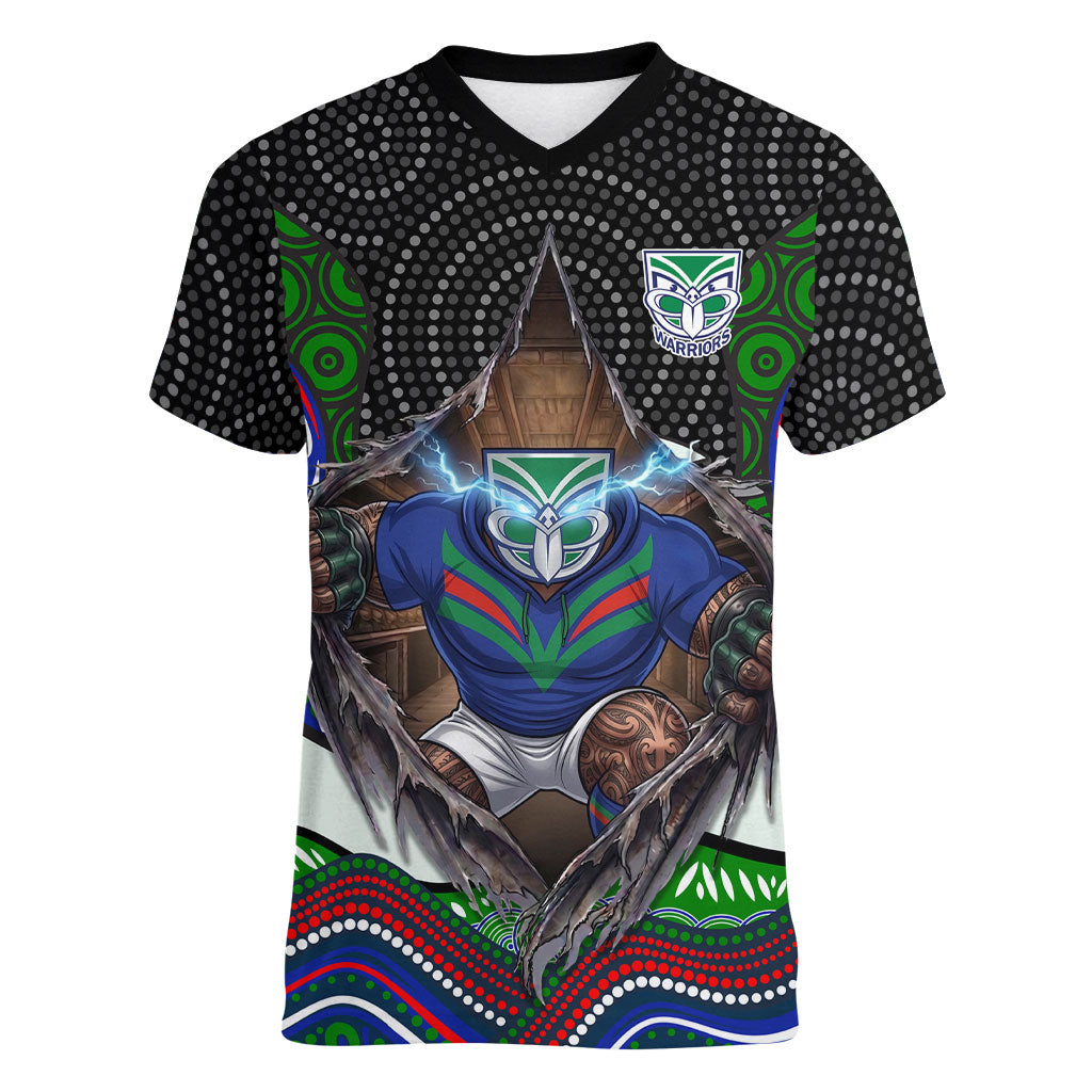 New Zealand Warriors Women V-Neck T-Shirt The Scream of Lightning Eyes - Indigenous Dot Ripping Effect