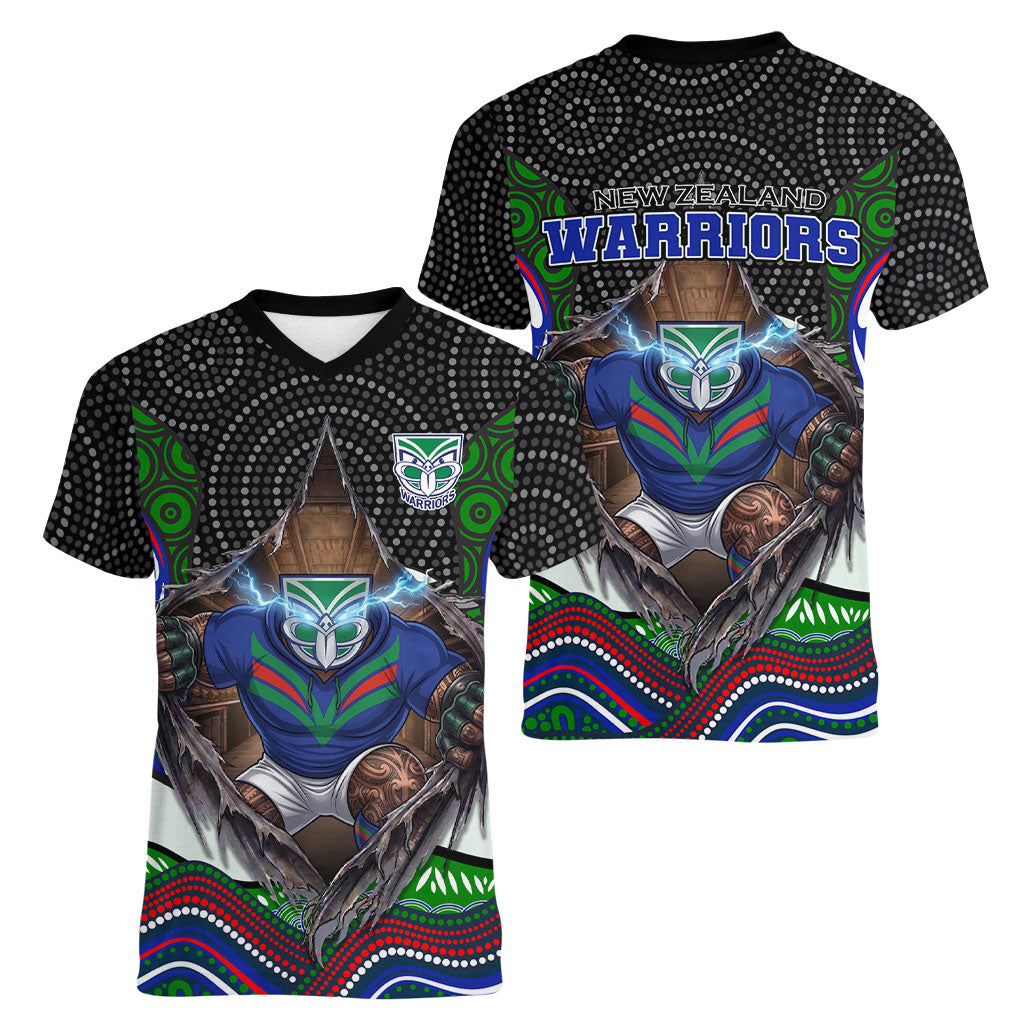 New Zealand Warriors Women V-Neck T-Shirt The Scream of Lightning Eyes - Indigenous Dot Ripping Effect