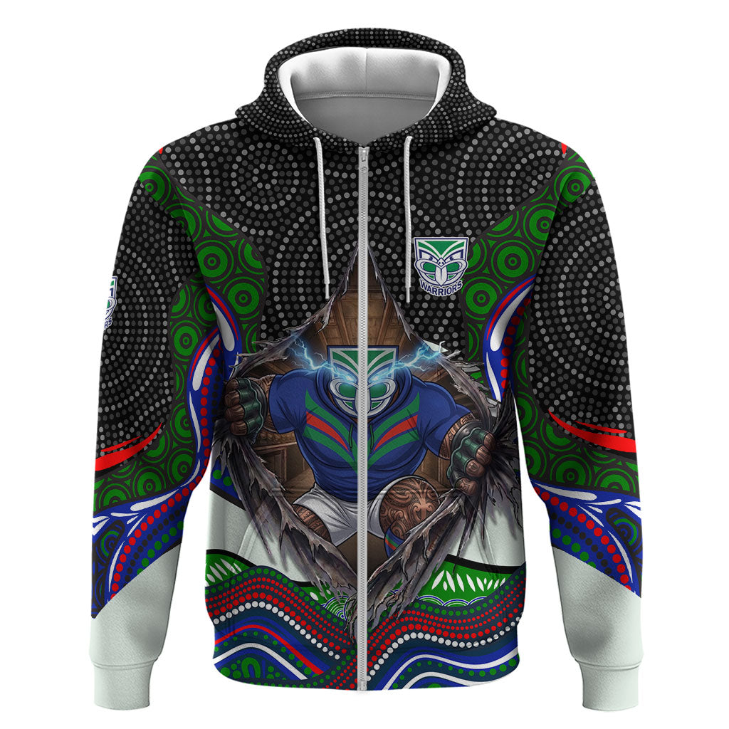 New Zealand Warriors Zip Hoodie The Scream of Lightning Eyes - Indigenous Dot Ripping Effect