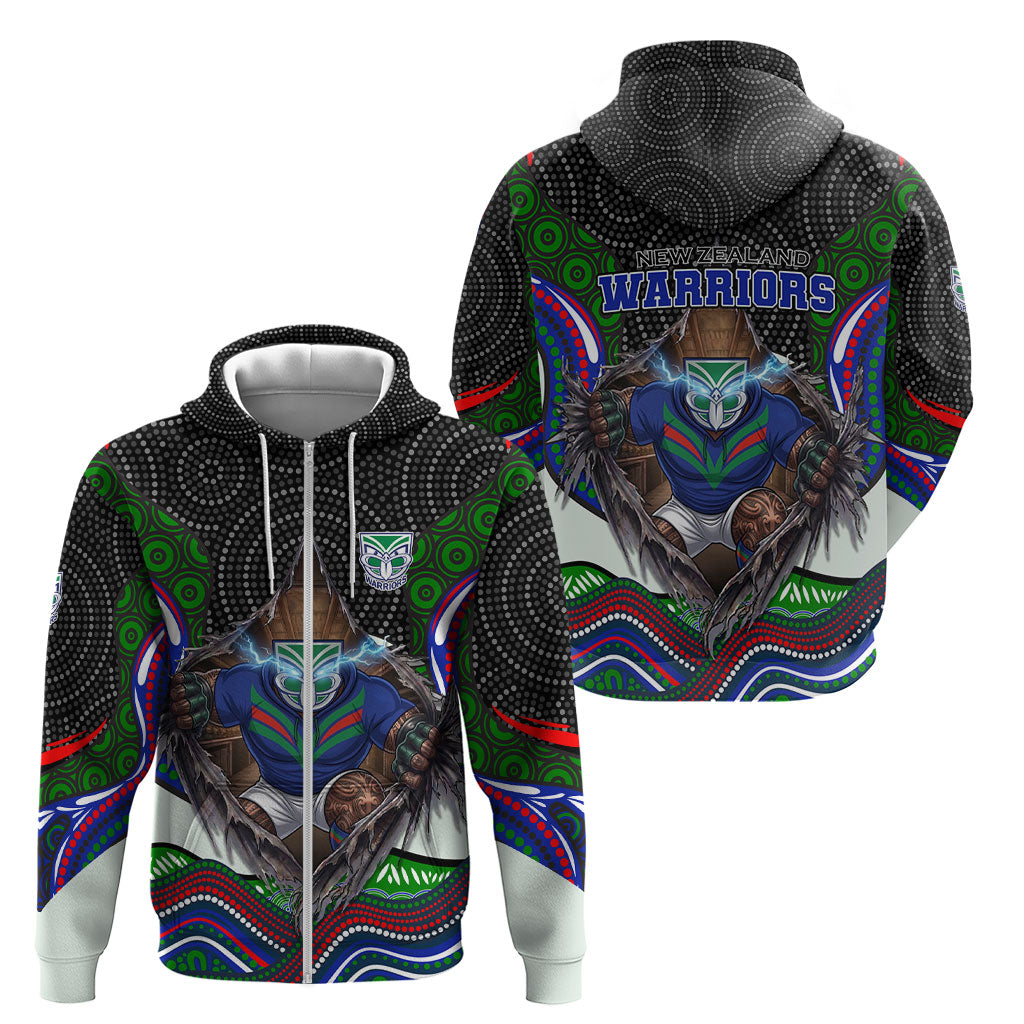 New Zealand Warriors Zip Hoodie The Scream of Lightning Eyes - Indigenous Dot Ripping Effect