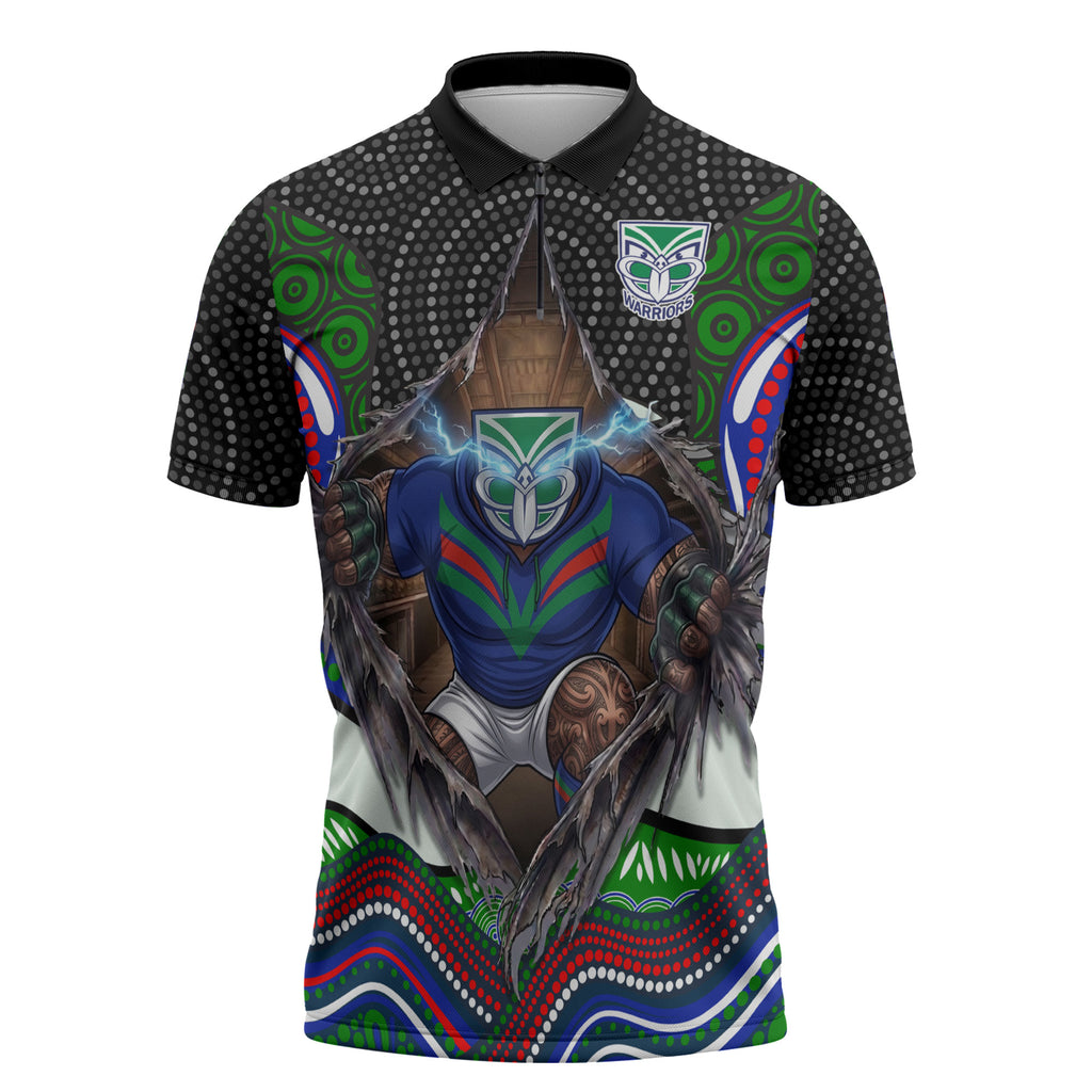 New Zealand Warriors Zipper Polo Shirt The Scream of Lightning Eyes - Indigenous Dot Ripping Effect