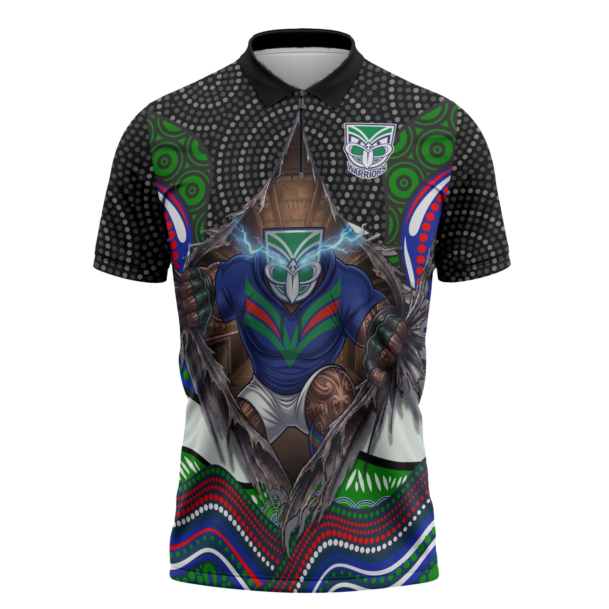 New Zealand Warriors Zipper Polo Shirt The Scream of Lightning Eyes - Indigenous Dot Ripping Effect