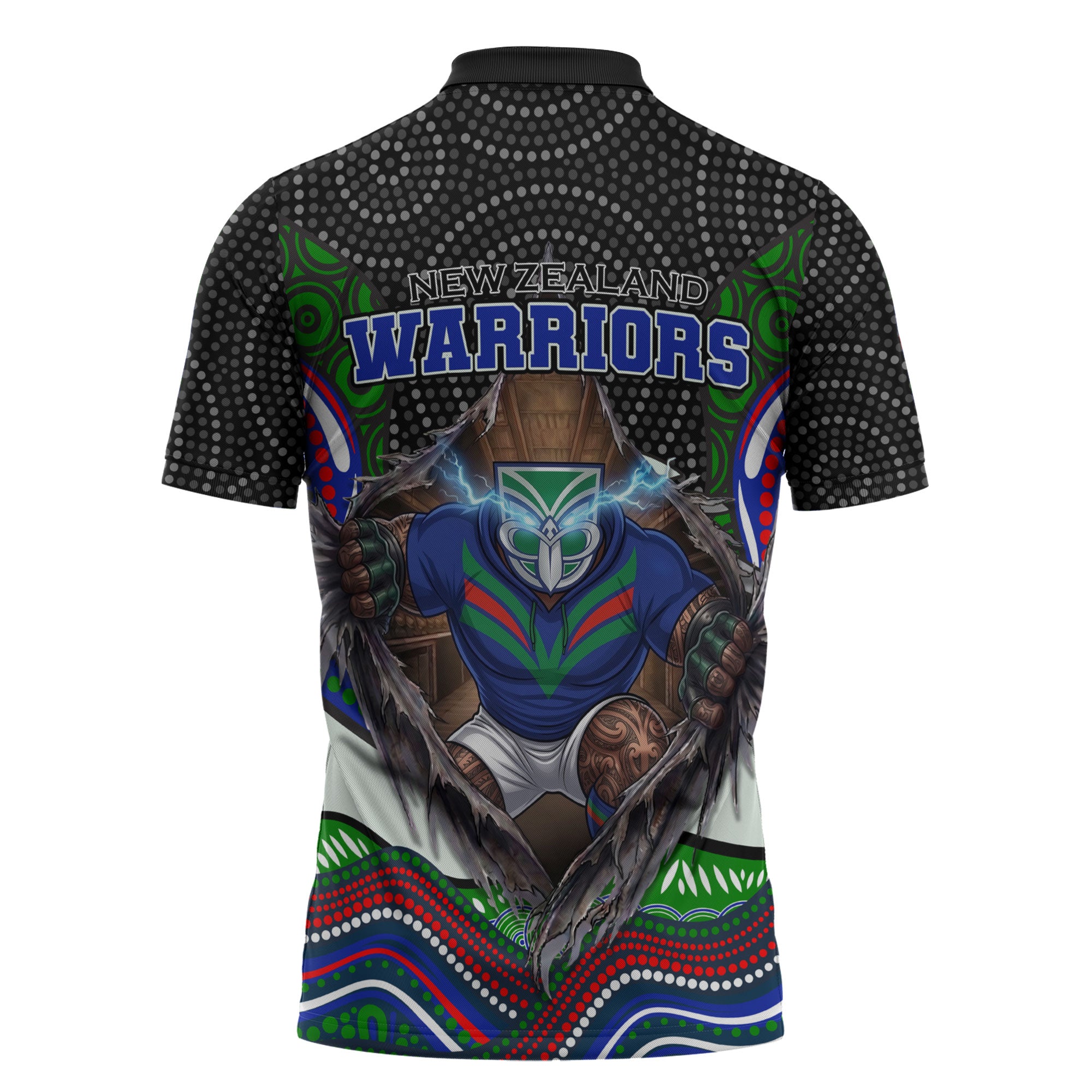 New Zealand Warriors Zipper Polo Shirt The Scream of Lightning Eyes - Indigenous Dot Ripping Effect