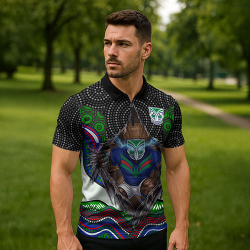 New Zealand Warriors Zipper Polo Shirt The Scream of Lightning Eyes - Indigenous Dot Ripping Effect