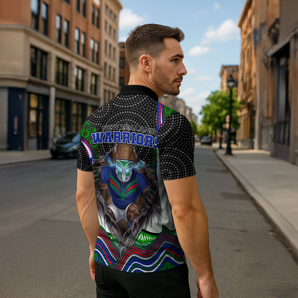 New Zealand Warriors Zipper Polo Shirt The Scream of Lightning Eyes - Indigenous Dot Ripping Effect
