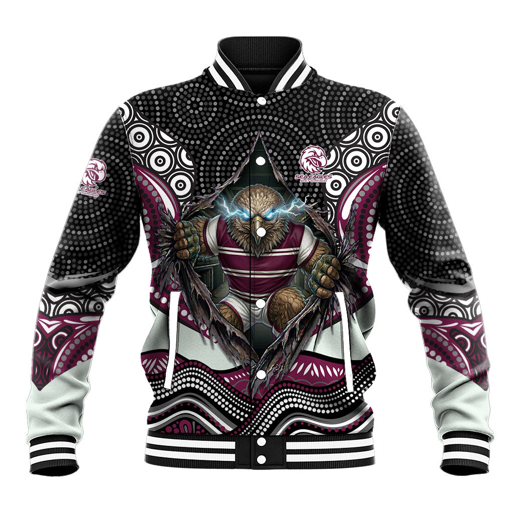 Manly Warringah Sea Eagles Baseball Jacket The Scream of Lightning Eyes - Indigenous Dot Ripping Effect