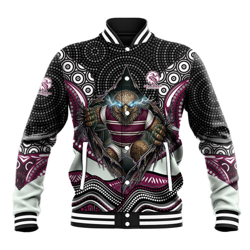 Manly Warringah Sea Eagles Baseball Jacket The Scream of Lightning Eyes - Indigenous Dot Ripping Effect