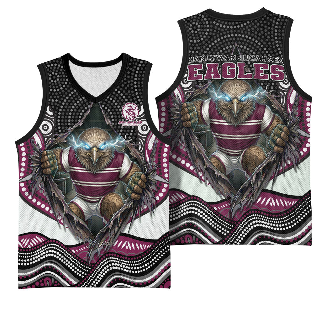 Manly Warringah Sea Eagles Basketball Jersey The Scream of Lightning Eyes - Indigenous Dot Ripping Effect