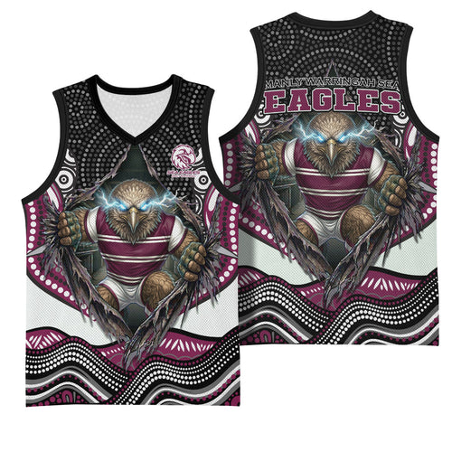 Manly Warringah Sea Eagles Basketball Jersey The Scream of Lightning Eyes - Indigenous Dot Ripping Effect