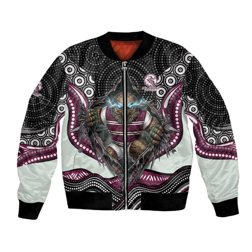 Manly Warringah Sea Eagles Bomber Jacket The Scream of Lightning Eyes - Indigenous Dot Ripping Effect