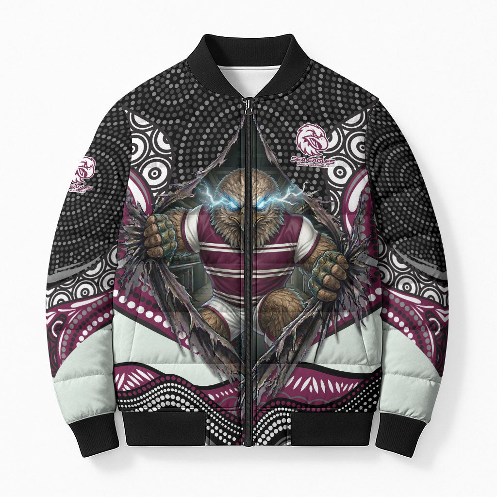 Manly Warringah Sea Eagles Bomber Puffer Jacket The Scream of Lightning Eyes - Indigenous Dot Ripping Effect