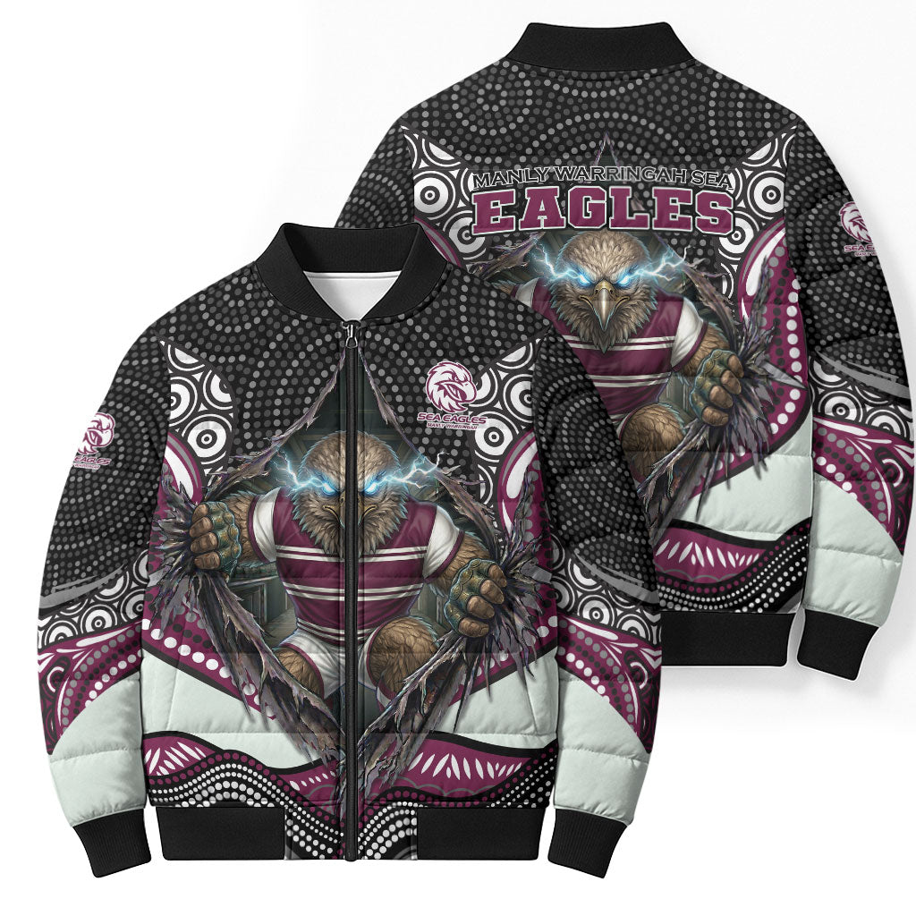 Manly Warringah Sea Eagles Bomber Puffer Jacket The Scream of Lightning Eyes - Indigenous Dot Ripping Effect
