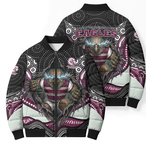 Manly Warringah Sea Eagles Bomber Puffer Jacket The Scream of Lightning Eyes - Indigenous Dot Ripping Effect