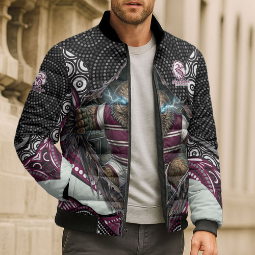 Manly Warringah Sea Eagles Bomber Puffer Jacket The Scream of Lightning Eyes - Indigenous Dot Ripping Effect