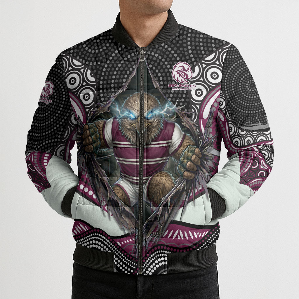 Manly Warringah Sea Eagles Bomber Puffer Jacket The Scream of Lightning Eyes - Indigenous Dot Ripping Effect