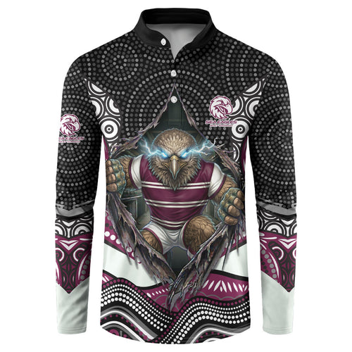 Manly Warringah Sea Eagles Button Sweatshirt The Scream of Lightning Eyes - Indigenous Dot Ripping Effect