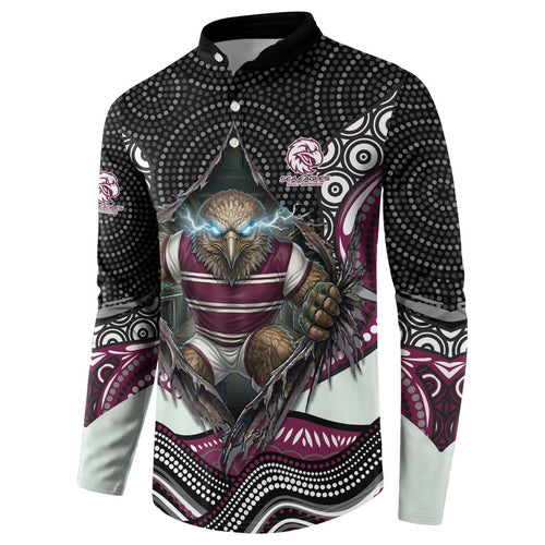 Manly Warringah Sea Eagles Button Sweatshirt The Scream of Lightning Eyes - Indigenous Dot Ripping Effect