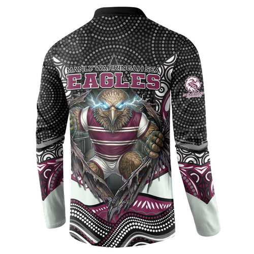 Manly Warringah Sea Eagles Button Sweatshirt The Scream of Lightning Eyes - Indigenous Dot Ripping Effect