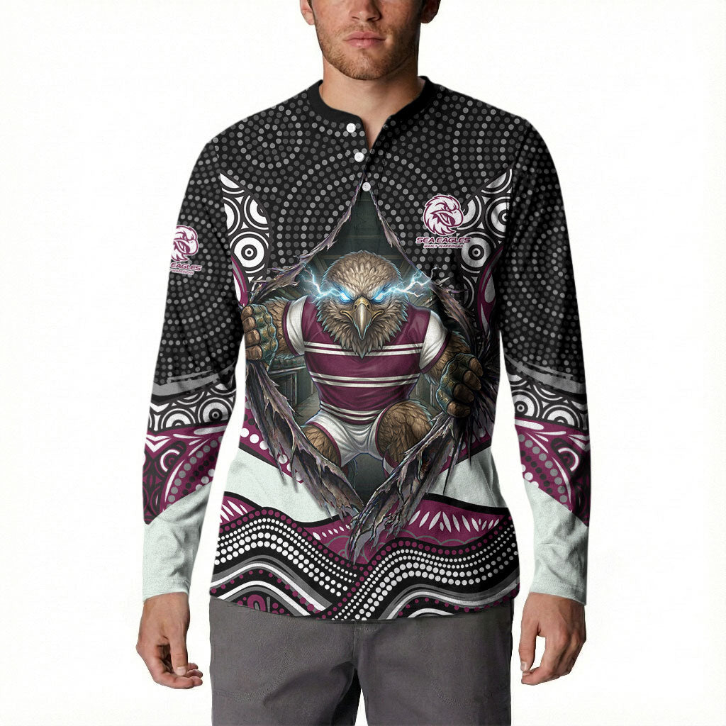 Manly Warringah Sea Eagles Button Sweatshirt The Scream of Lightning Eyes - Indigenous Dot Ripping Effect