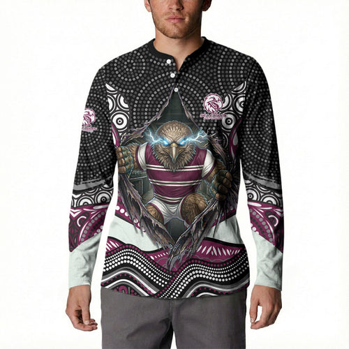 Manly Warringah Sea Eagles Button Sweatshirt The Scream of Lightning Eyes - Indigenous Dot Ripping Effect