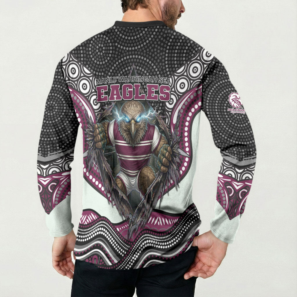 Manly Warringah Sea Eagles Button Sweatshirt The Scream of Lightning Eyes - Indigenous Dot Ripping Effect