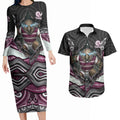 Manly Warringah Sea Eagles Couples Matching Long Sleeve Bodycon Dress and Hawaiian Shirt The Scream of Lightning Eyes - Indigenous Dot Ripping Effect