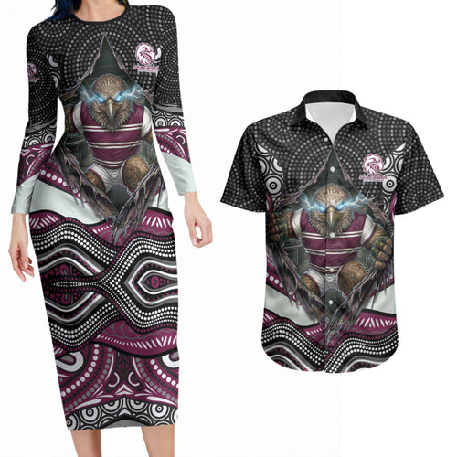 Manly Warringah Sea Eagles Couples Matching Long Sleeve Bodycon Dress and Hawaiian Shirt The Scream of Lightning Eyes - Indigenous Dot Ripping Effect