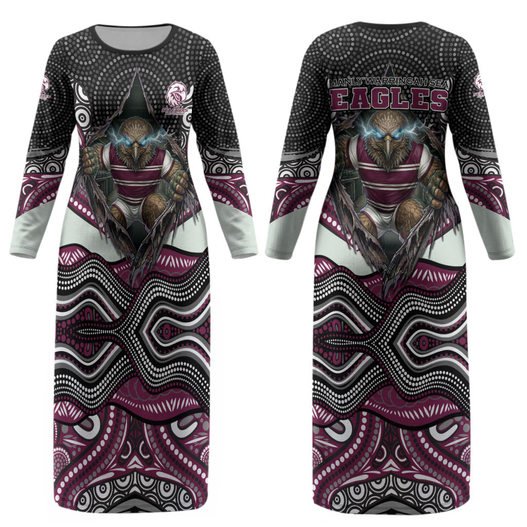 Manly Warringah Sea Eagles Couples Matching Long Sleeve Bodycon Dress and Hawaiian Shirt The Scream of Lightning Eyes - Indigenous Dot Ripping Effect