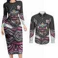 Manly Warringah Sea Eagles Couples Matching Long Sleeve Bodycon Dress and Long Sleeve Button Shirt The Scream of Lightning Eyes - Indigenous Dot Ripping Effect