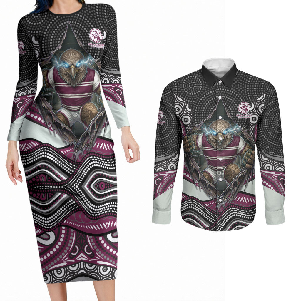 Manly Warringah Sea Eagles Couples Matching Long Sleeve Bodycon Dress and Long Sleeve Button Shirt The Scream of Lightning Eyes - Indigenous Dot Ripping Effect