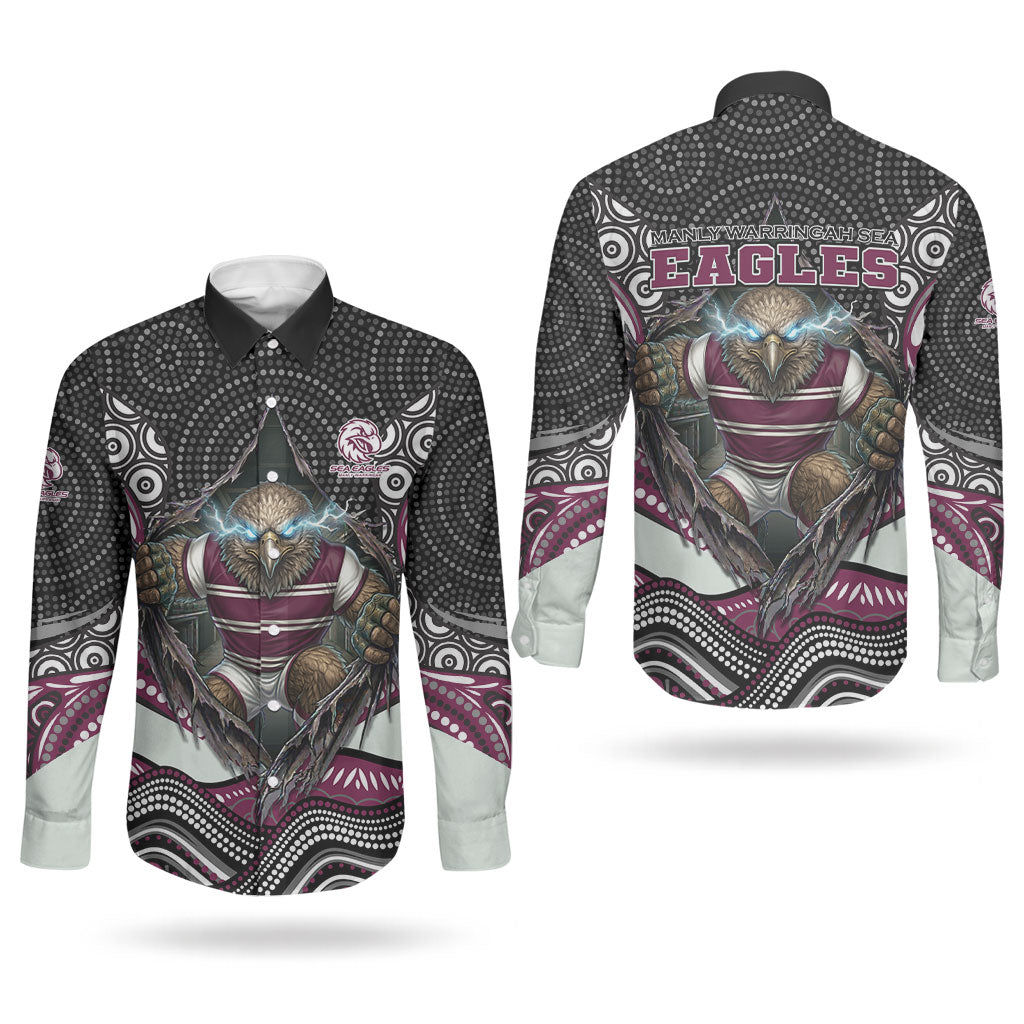 Manly Warringah Sea Eagles Couples Matching Long Sleeve Bodycon Dress and Long Sleeve Button Shirt The Scream of Lightning Eyes - Indigenous Dot Ripping Effect