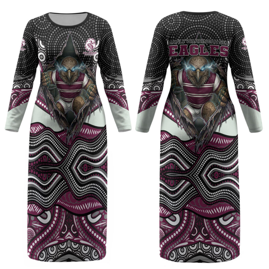 Manly Warringah Sea Eagles Couples Matching Long Sleeve Bodycon Dress and Long Sleeve Button Shirt The Scream of Lightning Eyes - Indigenous Dot Ripping Effect