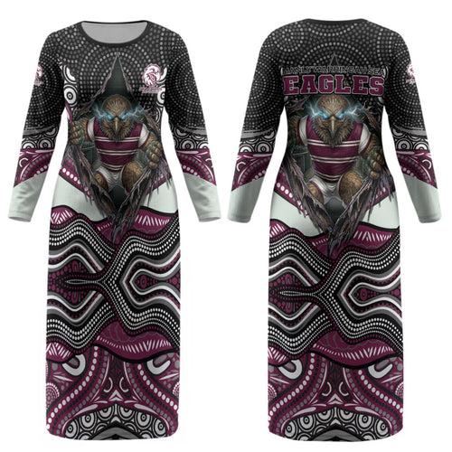 Manly Warringah Sea Eagles Couples Matching Long Sleeve Bodycon Dress and Long Sleeve Button Shirt The Scream of Lightning Eyes - Indigenous Dot Ripping Effect
