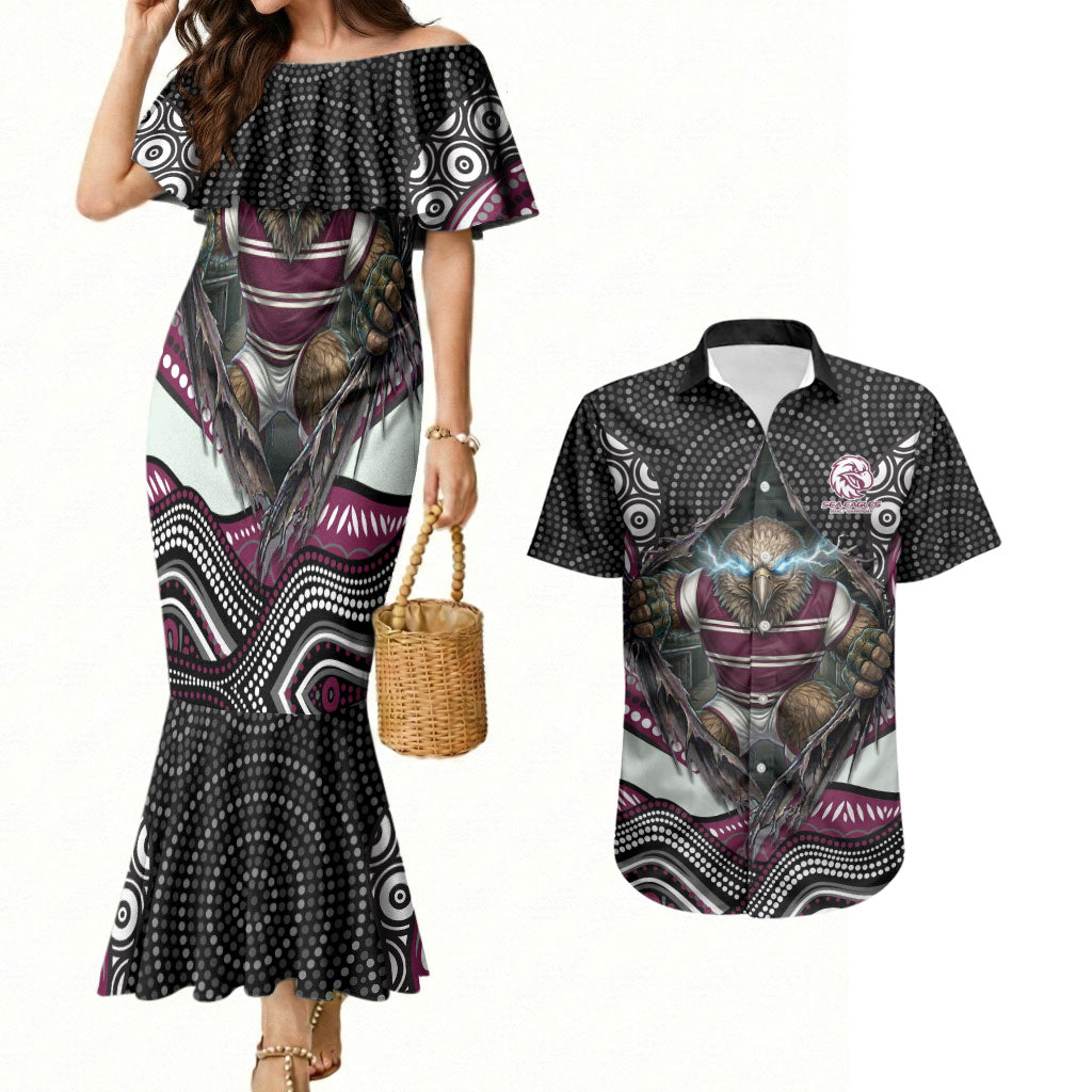Manly Warringah Sea Eagles Couples Matching Mermaid Dress and Hawaiian Shirt The Scream of Lightning Eyes - Indigenous Dot Ripping Effect