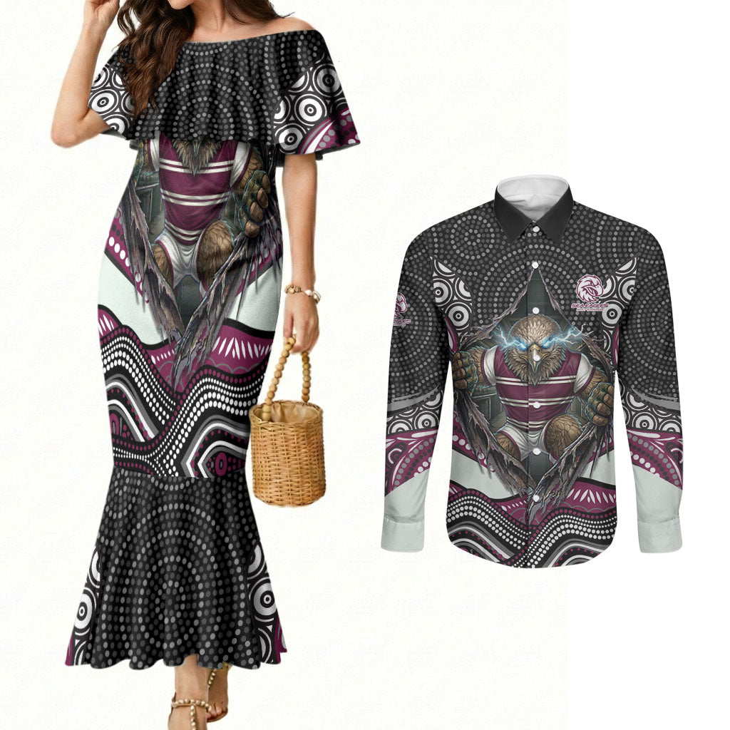 Manly Warringah Sea Eagles Couples Matching Mermaid Dress and Long Sleeve Button Shirt The Scream of Lightning Eyes - Indigenous Dot Ripping Effect