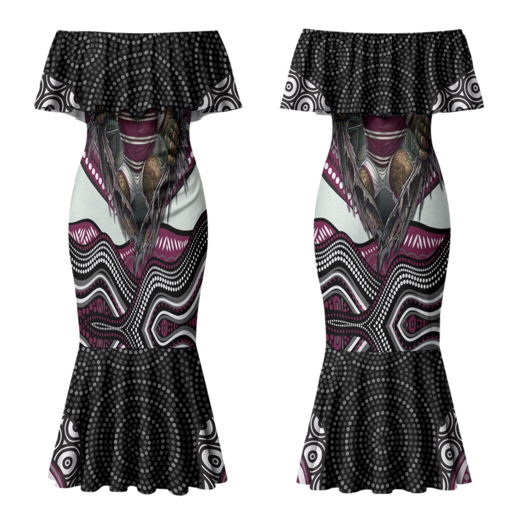Manly Warringah Sea Eagles Couples Matching Mermaid Dress and Long Sleeve Button Shirt The Scream of Lightning Eyes - Indigenous Dot Ripping Effect