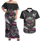 Manly Warringah Sea Eagles Couples Matching Off Shoulder Maxi Dress and Hawaiian Shirt The Scream of Lightning Eyes - Indigenous Dot Ripping Effect