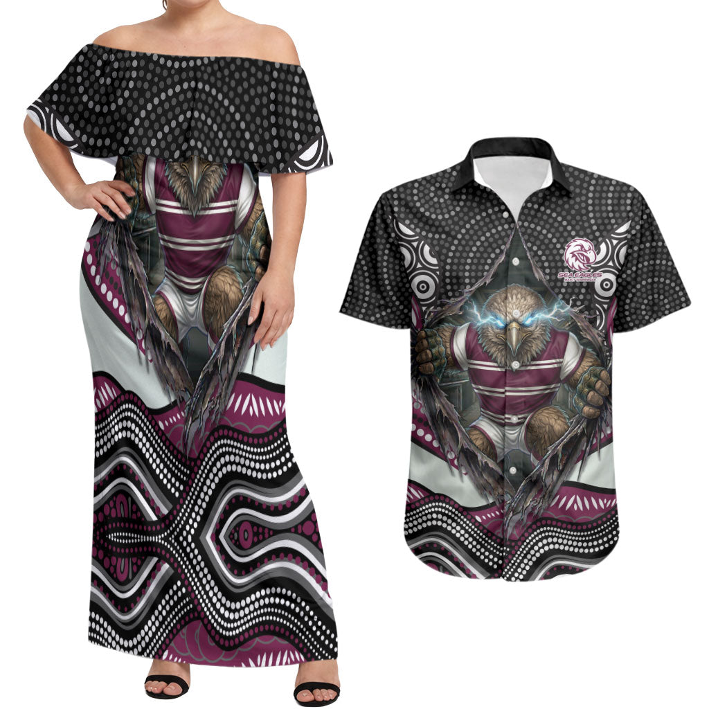 Manly Warringah Sea Eagles Couples Matching Off Shoulder Maxi Dress and Hawaiian Shirt The Scream of Lightning Eyes - Indigenous Dot Ripping Effect