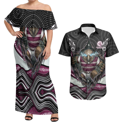 Manly Warringah Sea Eagles Couples Matching Off Shoulder Maxi Dress and Hawaiian Shirt The Scream of Lightning Eyes - Indigenous Dot Ripping Effect