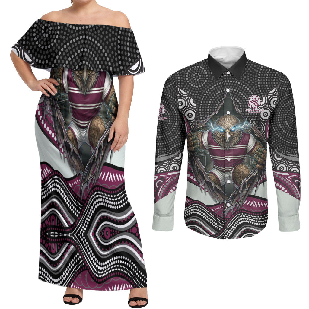 Manly Warringah Sea Eagles Couples Matching Off Shoulder Maxi Dress and Long Sleeve Button Shirt The Scream of Lightning Eyes - Indigenous Dot Ripping Effect