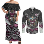 Manly Warringah Sea Eagles Couples Matching Off Shoulder Maxi Dress and Long Sleeve Button Shirt The Scream of Lightning Eyes - Indigenous Dot Ripping Effect