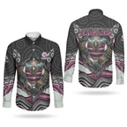 Manly Warringah Sea Eagles Couples Matching Off Shoulder Maxi Dress and Long Sleeve Button Shirt The Scream of Lightning Eyes - Indigenous Dot Ripping Effect