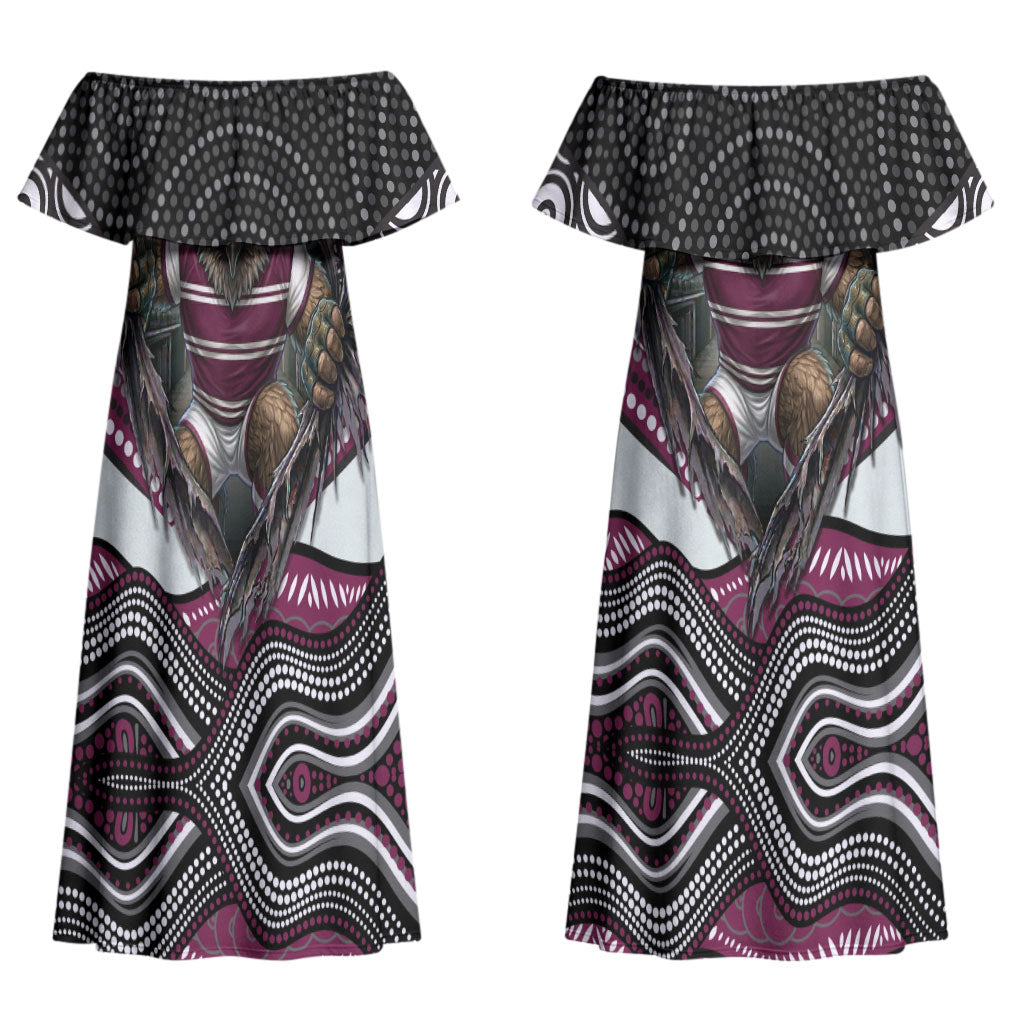 Manly Warringah Sea Eagles Couples Matching Off Shoulder Maxi Dress and Long Sleeve Button Shirt The Scream of Lightning Eyes - Indigenous Dot Ripping Effect