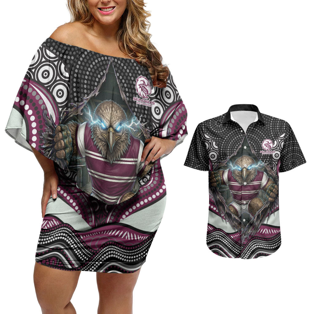 Manly Warringah Sea Eagles Couples Matching Off Shoulder Short Dress and Hawaiian Shirt The Scream of Lightning Eyes - Indigenous Dot Ripping Effect