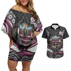 Manly Warringah Sea Eagles Couples Matching Off Shoulder Short Dress and Hawaiian Shirt The Scream of Lightning Eyes - Indigenous Dot Ripping Effect
