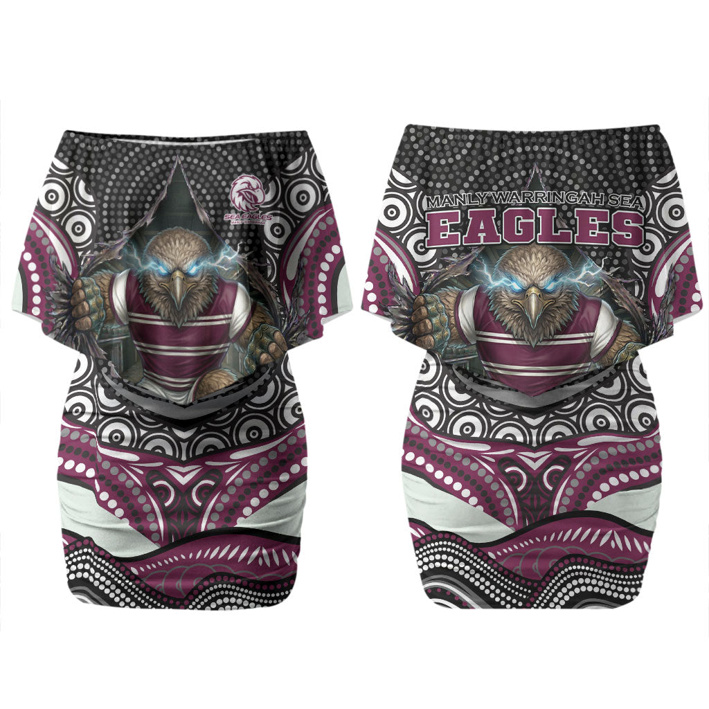 Manly Warringah Sea Eagles Couples Matching Off Shoulder Short Dress and Hawaiian Shirt The Scream of Lightning Eyes - Indigenous Dot Ripping Effect