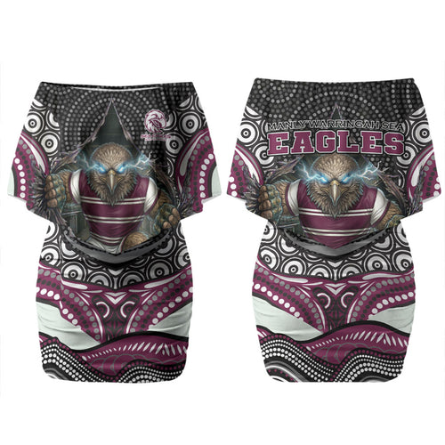 Manly Warringah Sea Eagles Couples Matching Off Shoulder Short Dress and Hawaiian Shirt The Scream of Lightning Eyes - Indigenous Dot Ripping Effect