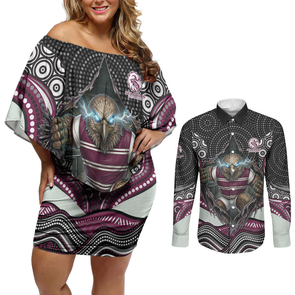 Manly Warringah Sea Eagles Couples Matching Off Shoulder Short Dress and Long Sleeve Button Shirt The Scream of Lightning Eyes - Indigenous Dot Ripping Effect