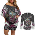 Manly Warringah Sea Eagles Couples Matching Off Shoulder Short Dress and Long Sleeve Button Shirt The Scream of Lightning Eyes - Indigenous Dot Ripping Effect